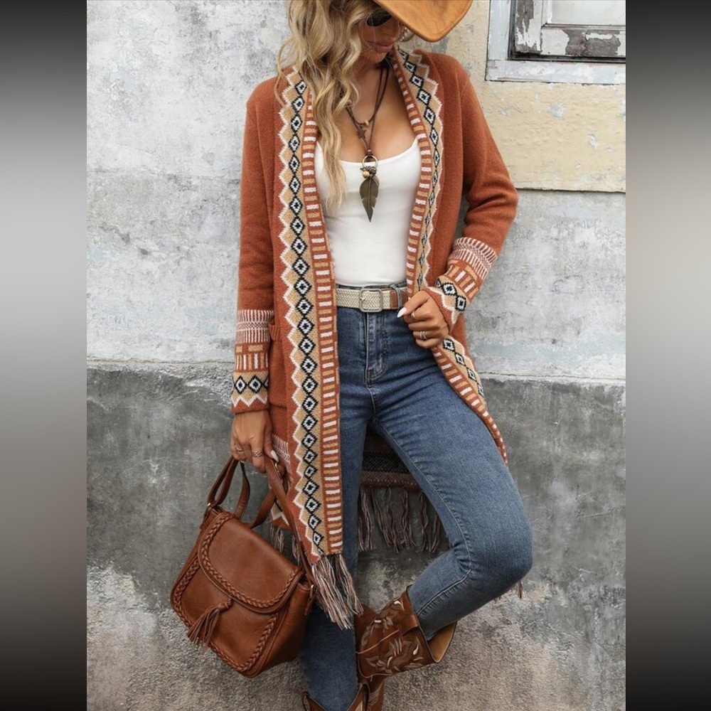 Bohemian Fringe Front Pocket Long Open Knit Cardigan Sweater - Picture 6 of 6